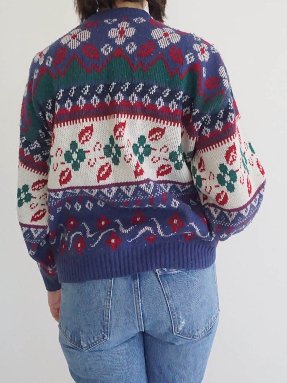 Vintage Cabin Creek Cobalt Ruby Floral Fair Isle Nordic Knit Sweater L - Picture 2 of 8